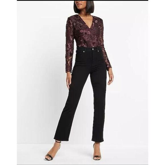 NWT Express Eggplant Purple Long Sleeve V Neck Lace Bodysuit Medium Floral Date - Picture 2 of 14